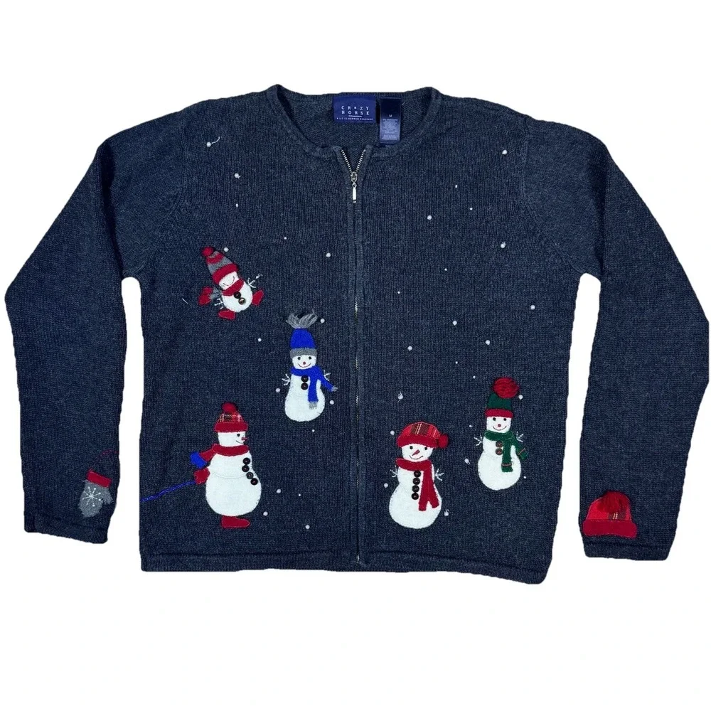 Vintage 1990s Crazy Horse Snowman Mittens Christmas Granny Teacher Cardigan Sz M
